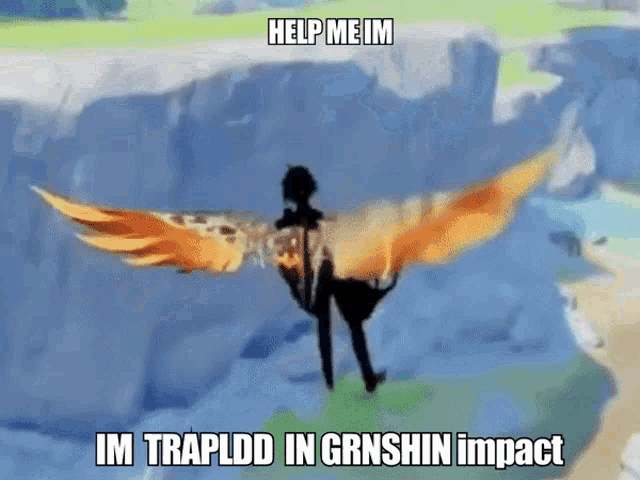 a cartoon of a person with wings and the caption help me im im trapldd in grnshin impact
