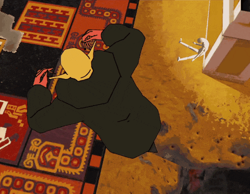 a cartoon drawing of a man taking a picture of a skeleton on a rug