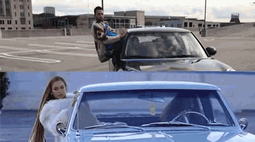 a man is sitting on the roof of a car next to a woman sitting in a car .