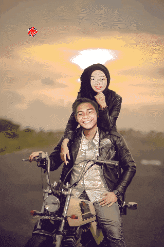 a pixel art of a man carrying a woman on his shoulders on a motorcycle