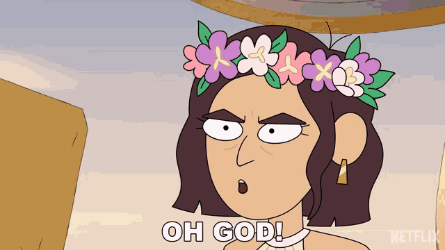 a cartoon of a woman with a flower crown on her head says oh god