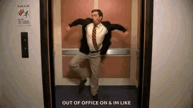 a man is dancing in an elevator with the words `` out of office on & im like '' written on the bottom .