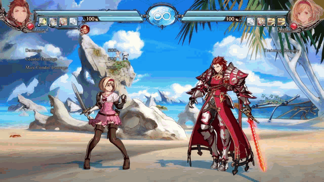a screenshot of a video game shows a girl holding a sword and a man with a sword