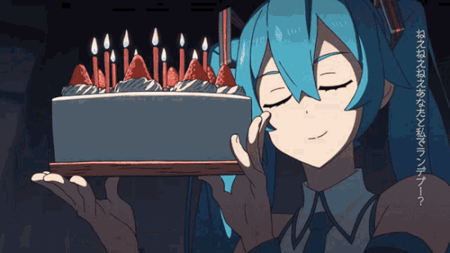 a girl with blue hair holds a cake with candles on it