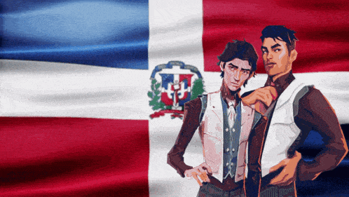 a couple of men standing in front of a flag with the letter j on it