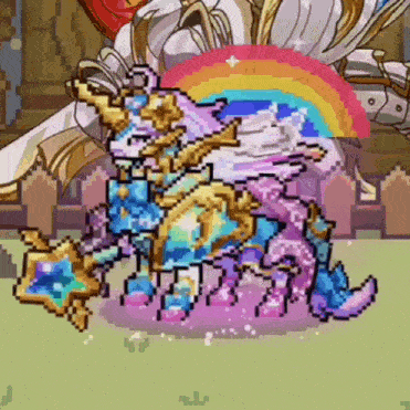 a pixel art illustration of a unicorn with a rainbow in the background