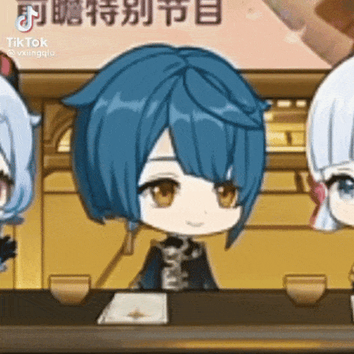a cartoon character with blue hair and brown eyes is sitting at a table with two other characters .