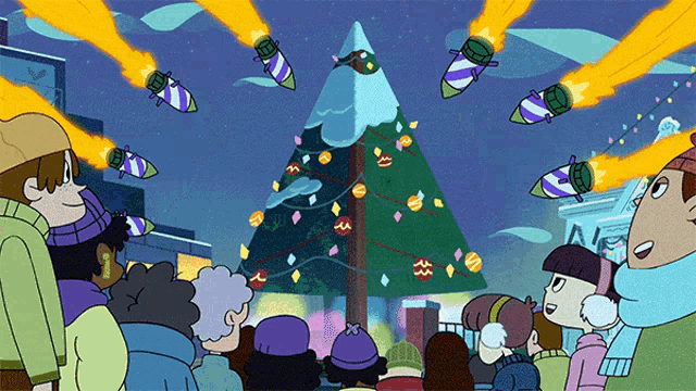 a group of people are looking at a christmas tree with missiles coming out of it