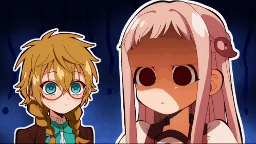 a girl with blonde hair and glasses is standing next to a girl with pink hair and red eyes