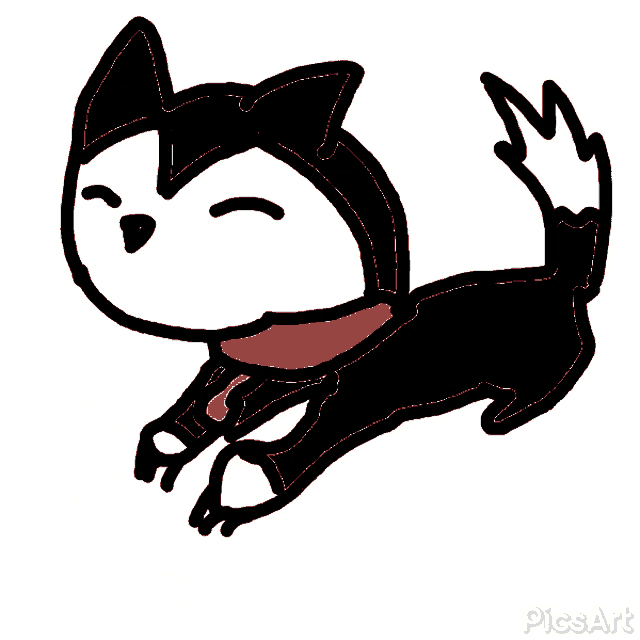 a black and white drawing of a husky with a red scarf around its neck