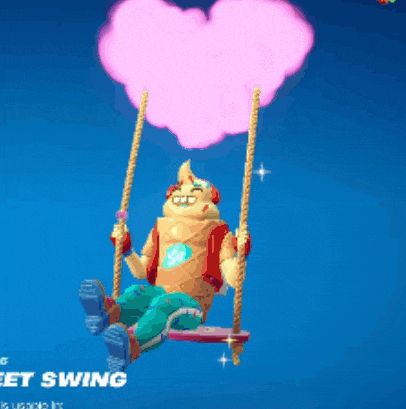 a cartoon character is sitting on a swing with a pink heart shaped cloud above him