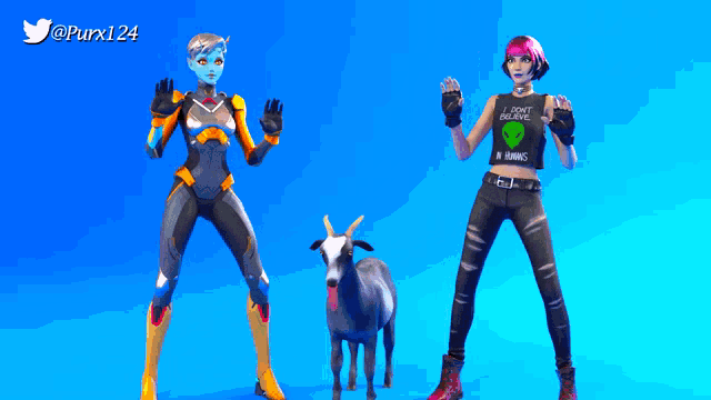 two female video game characters standing next to a goat with a blue background