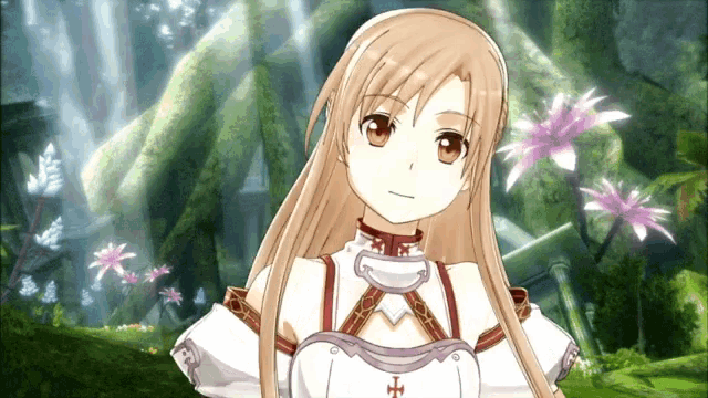 a girl with a cross on her chest is in a forest