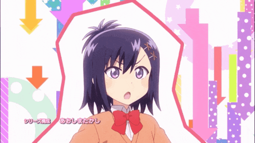 a girl with purple hair and a red bow on her head