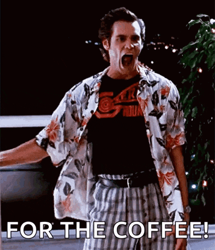 a man in a hawaiian shirt is screaming with the words for the coffee behind him