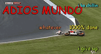 a picture of two motorcycles on a track with the words adios mundo