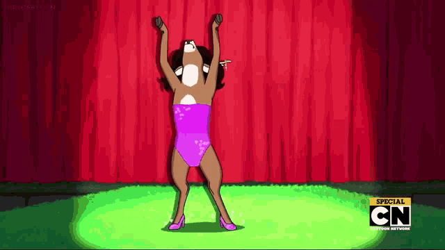 a cartoon character is dancing on a stage with cn written on the bottom right