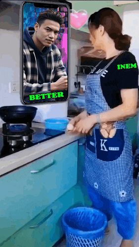 a woman in an apron is standing in a kitchen with a picture of a man behind her and the words better in green