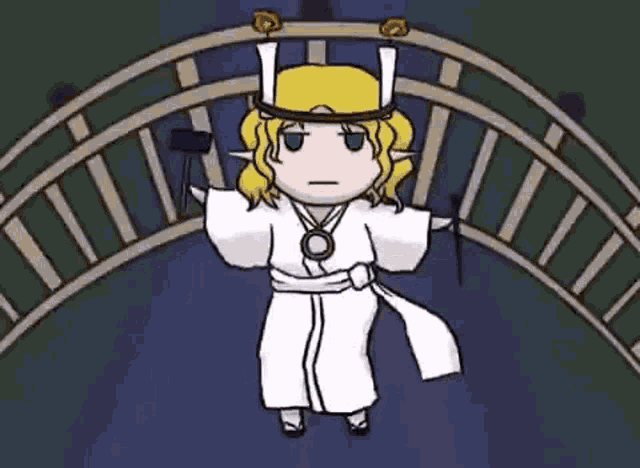 a cartoon of a woman in a white robe standing in front of a clock .