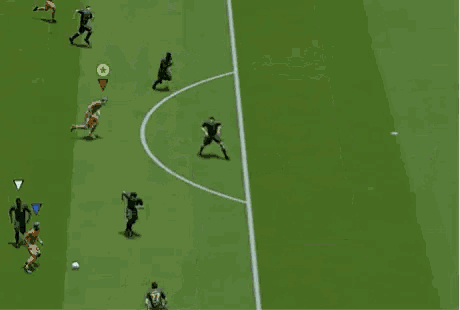 a group of soccer players are playing a game of soccer on a green field .
