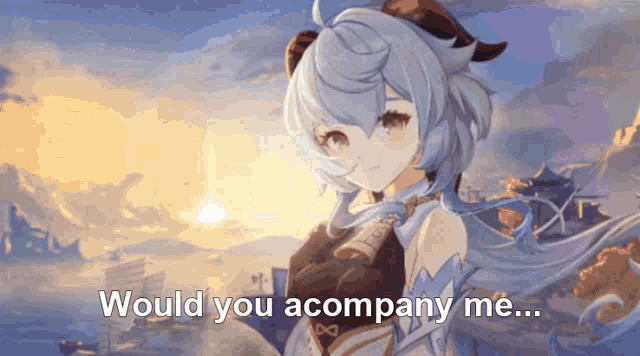 a girl with horns is standing in front of a sunset and says " would you accompany me "