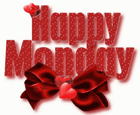 a sign that says happy monday with a red bow and hearts