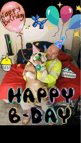 a man is holding a dog with balloons and a birthday cake in the background