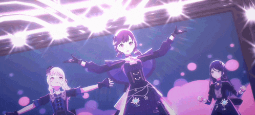 a group of anime girls are dancing on a stage with their arms outstretched .