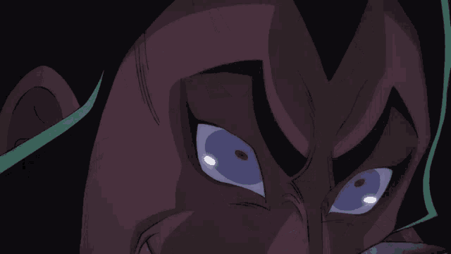 a close up of a cartoon character 's face with blue eyes