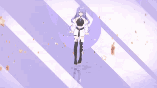 a girl with long purple hair is wearing a black top and tie