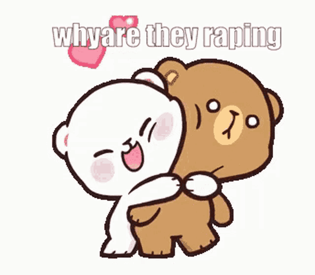 a couple of teddy bears hugging each other with the words `` why are they raping '' written below them .
