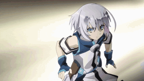 a girl with white hair and blue eyes is standing in front of a white background
