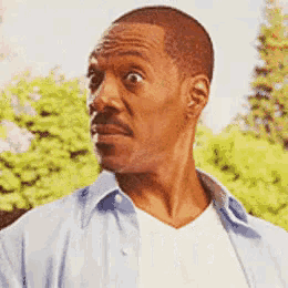 a man with a mustache is wearing a blue shirt and white t-shirt .