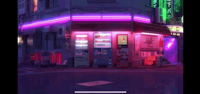 a pixel art of a store front with neon lights at night