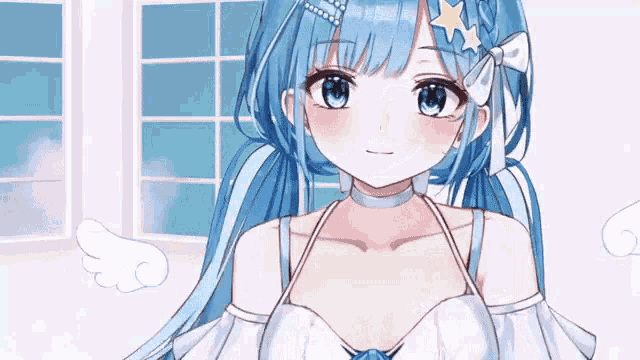 a girl with blue hair and wings is standing in front of a window in a room .
