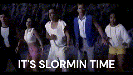 a group of people standing next to each other with the words " it 's slormin time " written above them .