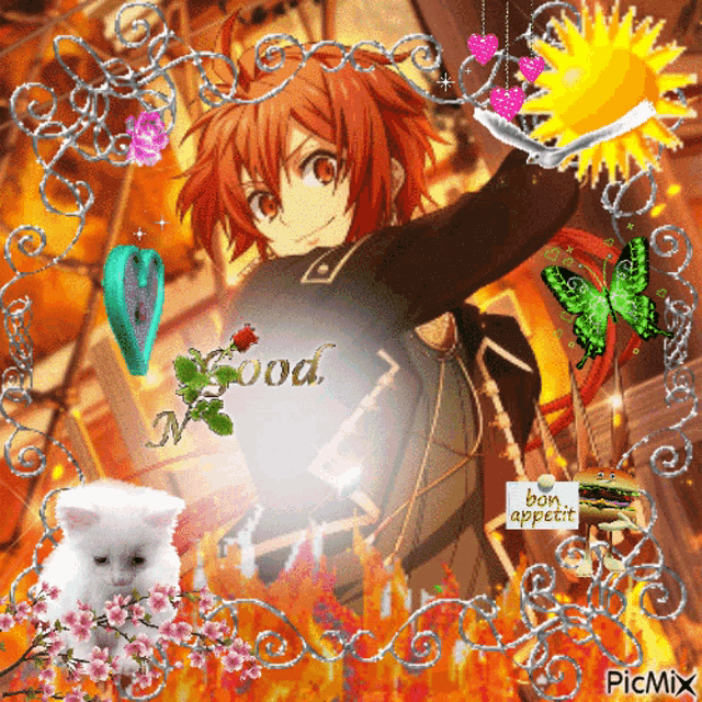 a picture of a girl with red hair and the words good nv and bon appetit