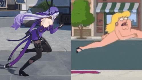 a cartoon of a woman running next to a cartoon of peter griffin laying on the ground