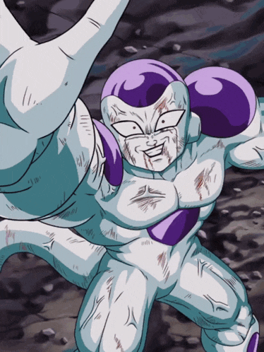a cartoon character with purple boxing gloves on