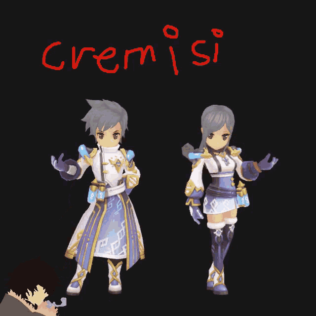 a boy and a girl are standing next to each other with the word cremi si written above them