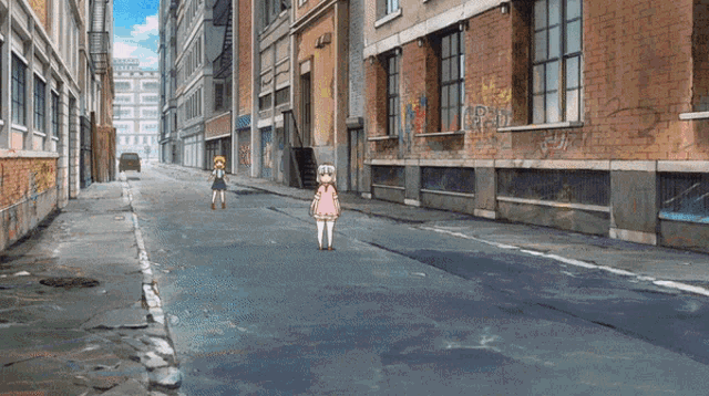 a girl in a pink dress is walking down a street between two brick buildings
