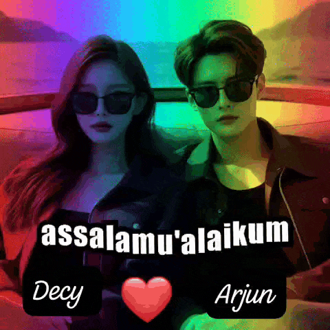 a man and a woman wearing sunglasses with the words assalamu ' alaikum decy and arjun on the bottom
