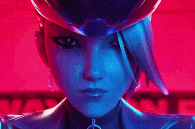 a close up of a video game character 's face with a red and purple background