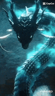 a dragon is glowing in the dark and looking at the camera with a blue background .