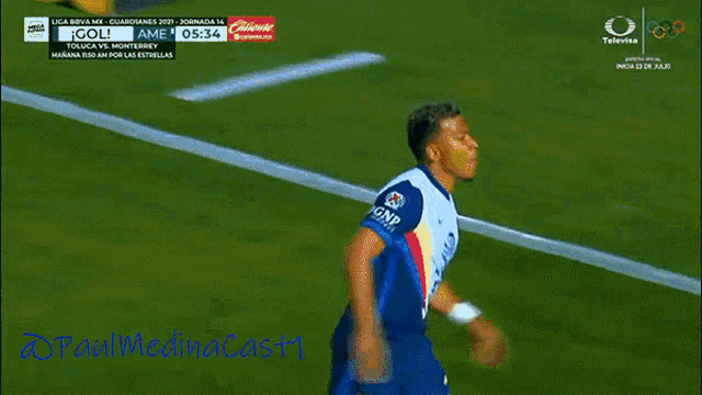 a soccer game is being played between toluca and monterrey and the time is 05:33