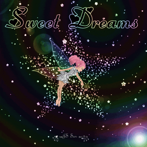 a fairy is flying in the night sky with the words sweet dreams