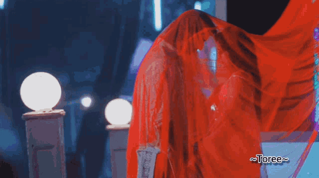a woman in a red dress with toree written on the bottom right
