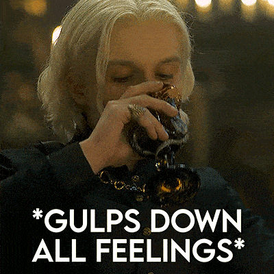 a woman drinking from a glass with the words gulps down all feelings