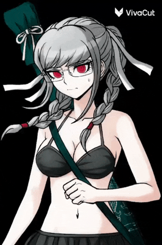 a black and white drawing of a girl with red eyes and the words vivacut on the bottom right