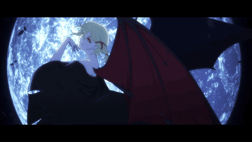 a woman with red wings is standing in front of a blue moon